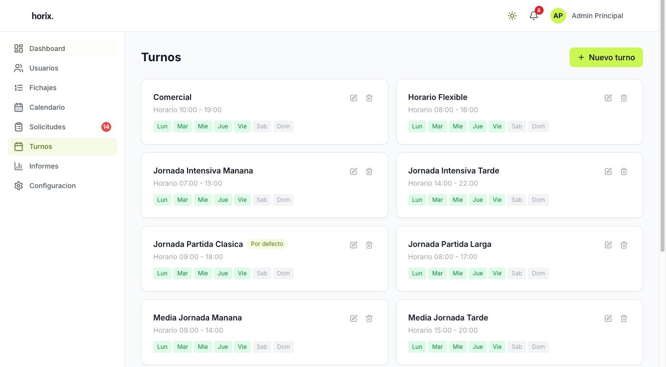 Pantalla de turnos de Horix con jornadas partidas, intensivas y horarios flexibles